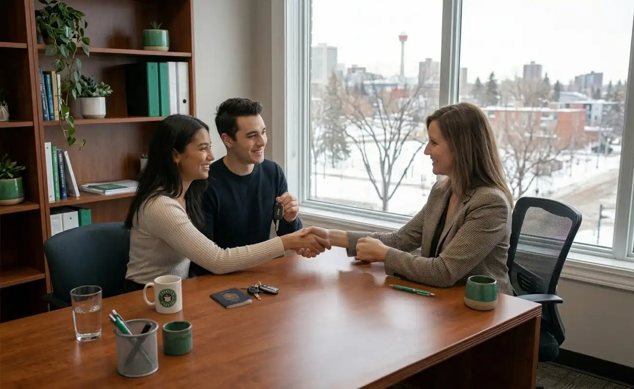 A couple shaking hands with their Vida Auto advisor after getting pre-approved
